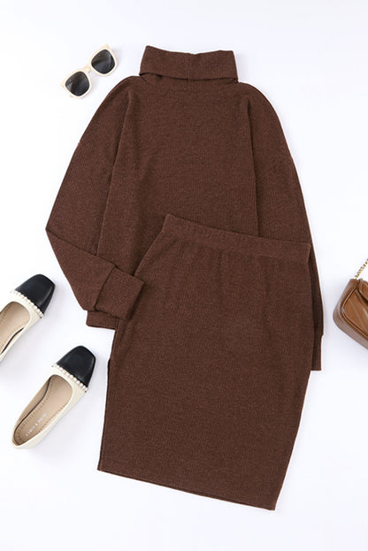 As If Mock Neck Long Sleeve Top and Slit Skirt Set