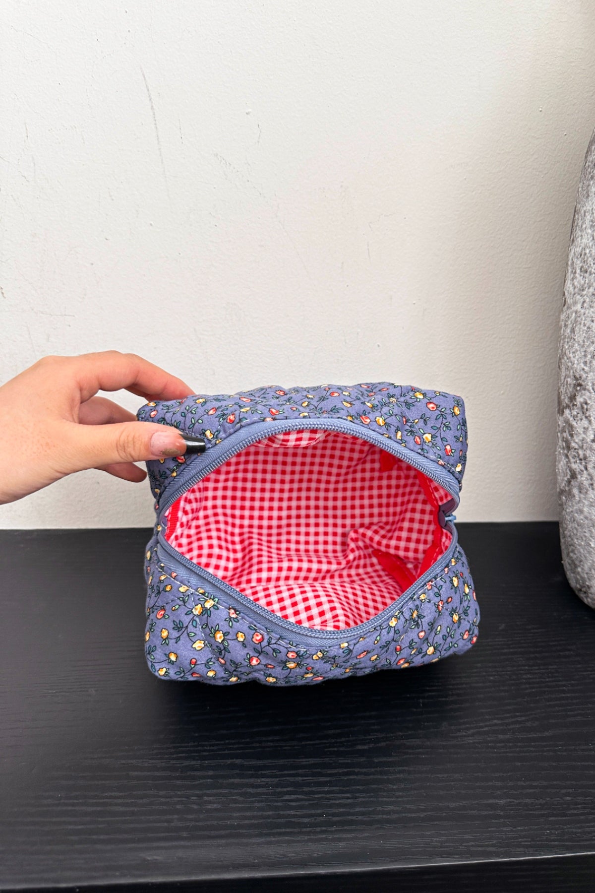 Floral Quilted Clutch Make Up Bag with Plaid Lining