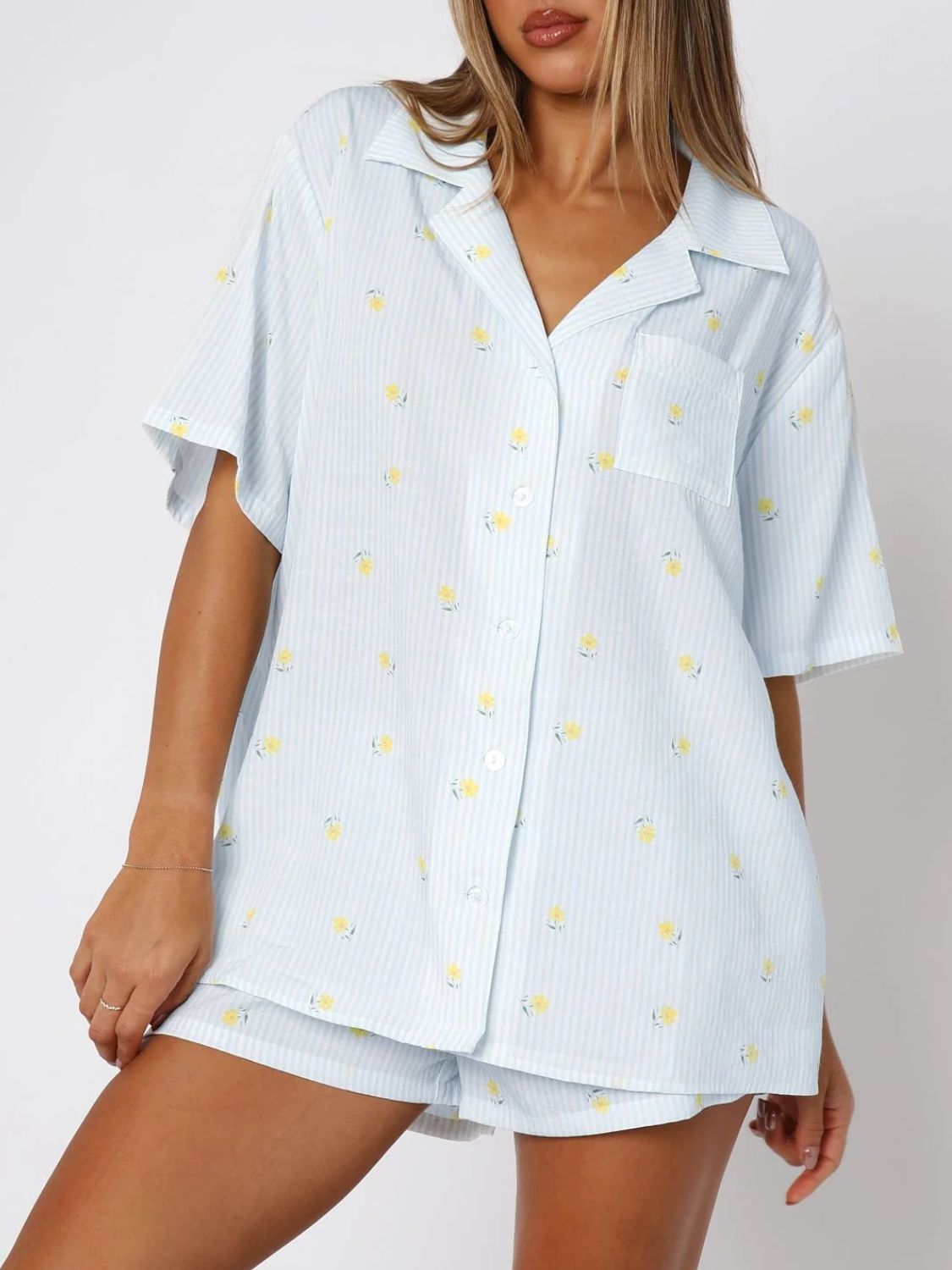 Hearts All Over Printed Collared Neck Short Sleeve Top and Shorts Set