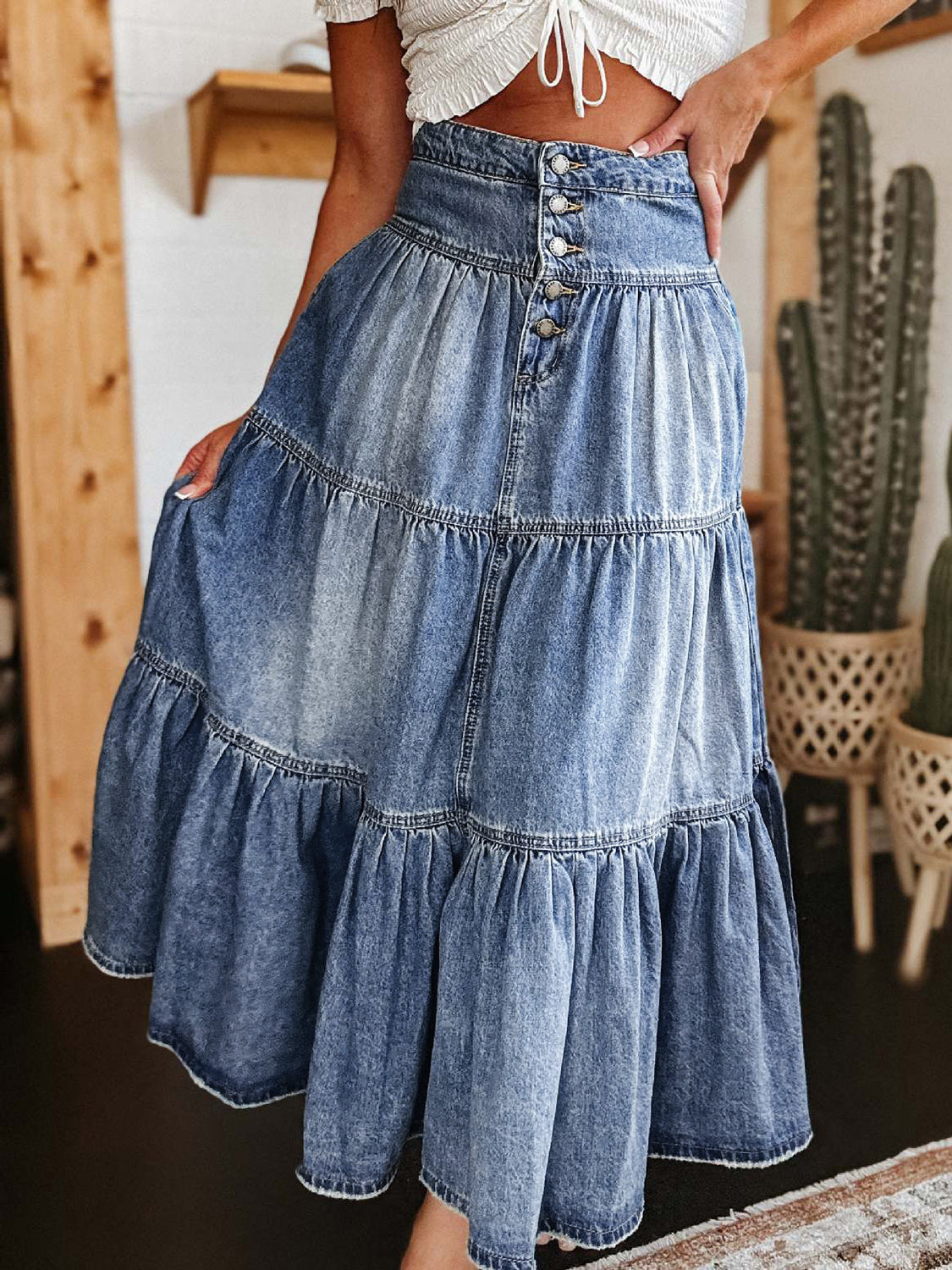 Bohemian Escape Tiered Button-Fly Denim Skirt