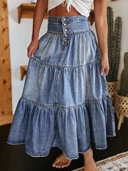 Bohemian Escape Tiered Button-Fly Denim Skirt