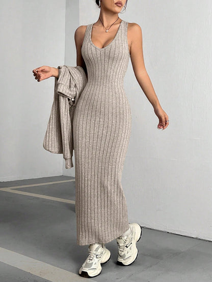 Pray For Me Ribbed Cropped Hooded Top and V-Neck Tank Dress Set