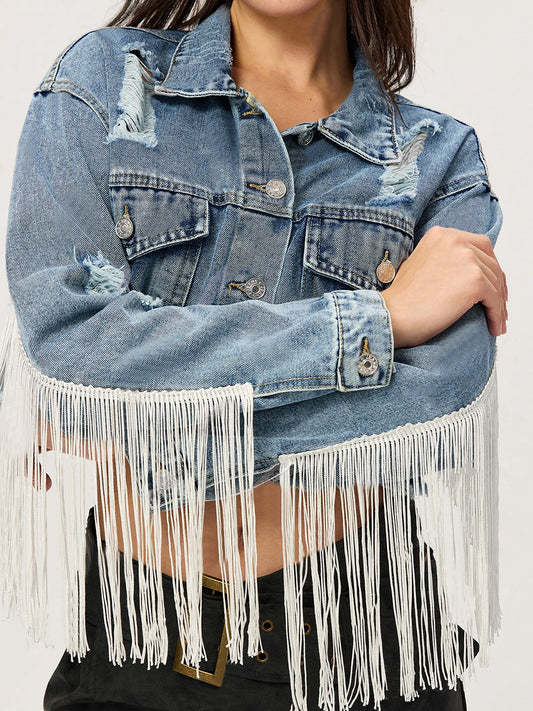 Queen Stallion Fringe Cropped Denim Top