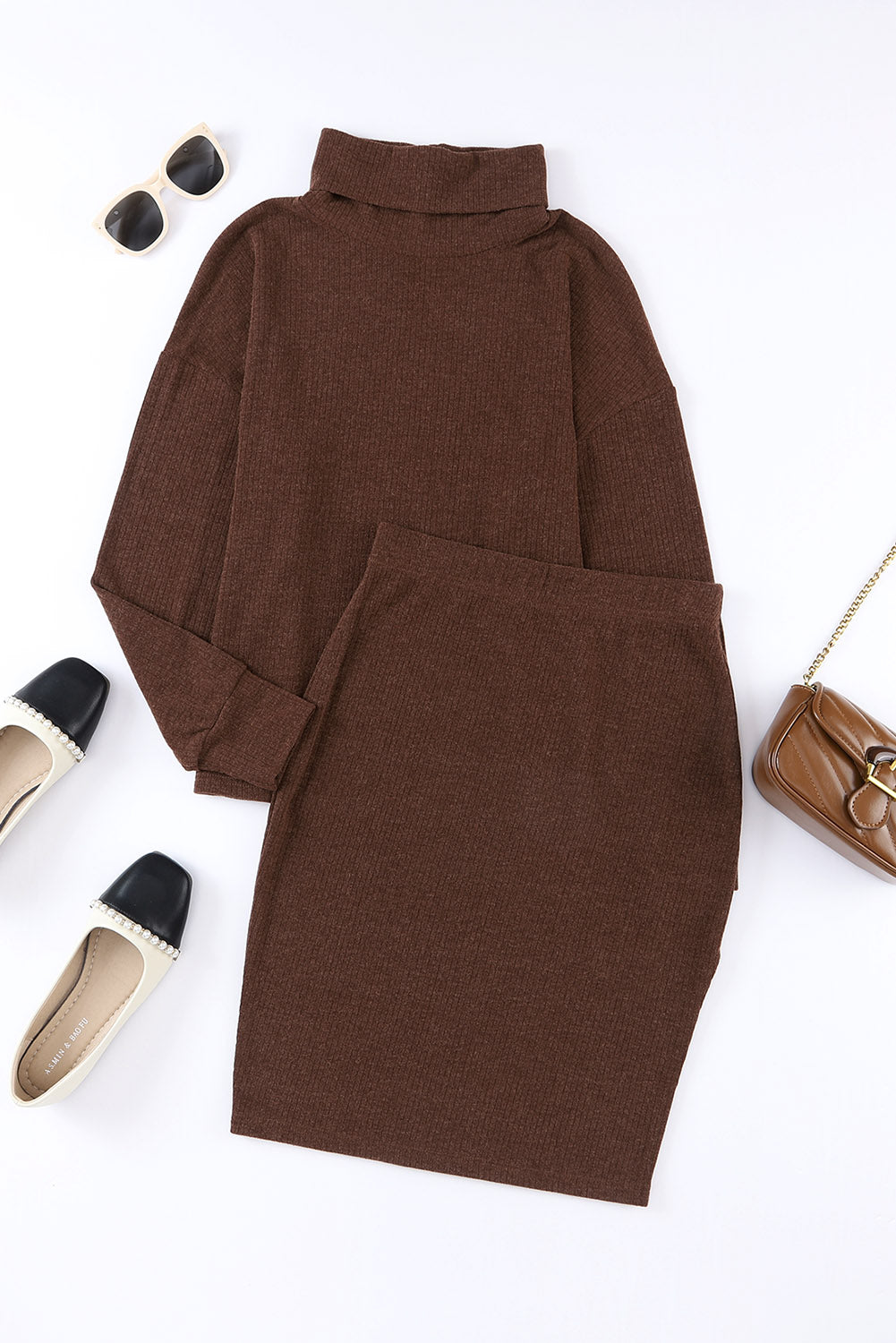 As If Mock Neck Long Sleeve Top and Slit Skirt Set