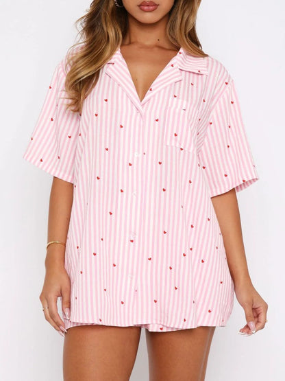 Hearts All Over Printed Collared Neck Short Sleeve Top and Shorts Set