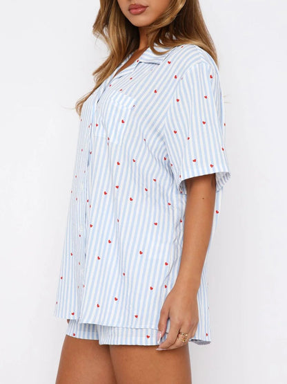 Hearts All Over Printed Collared Neck Short Sleeve Top and Shorts Set