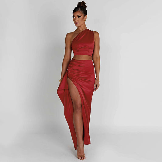 One-shoulder Satin Top & High Waist Split Maxi Skirt Set