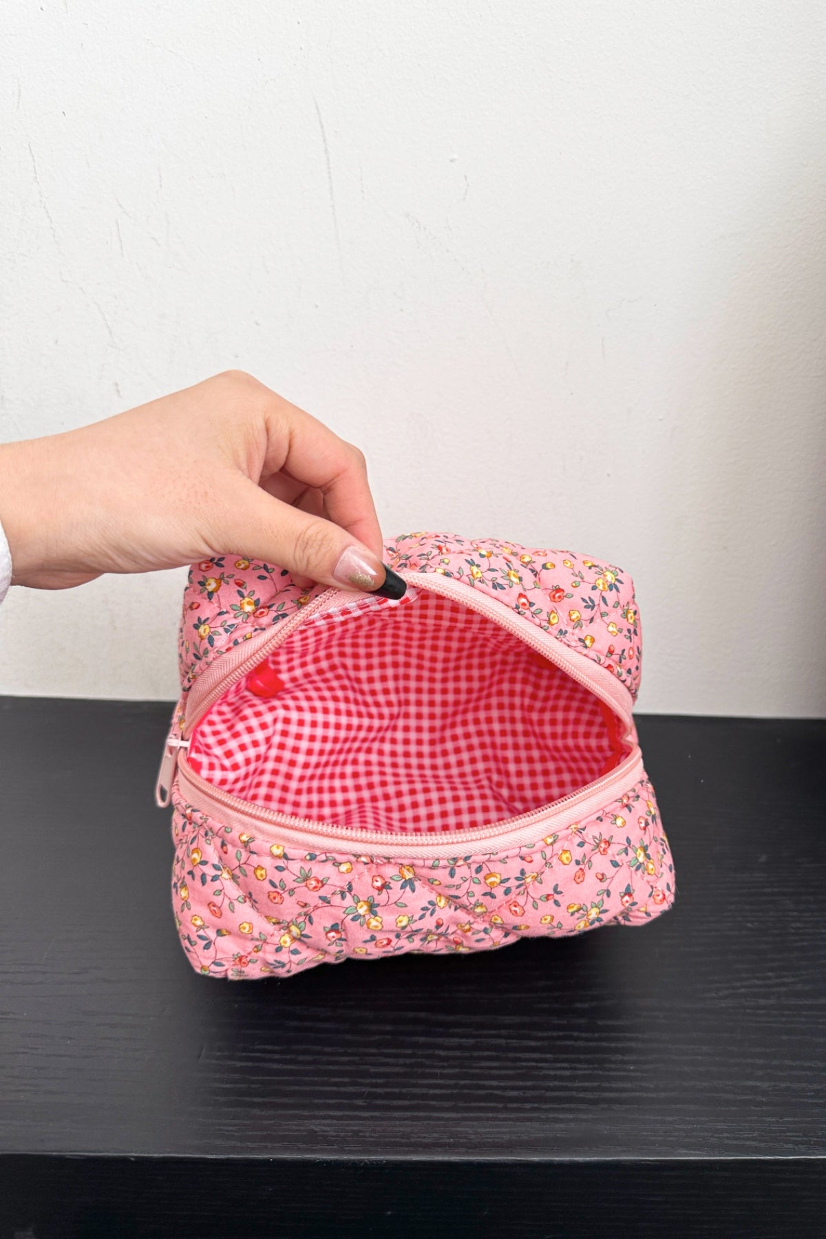 Floral Quilted Clutch Make Up Bag with Plaid Lining