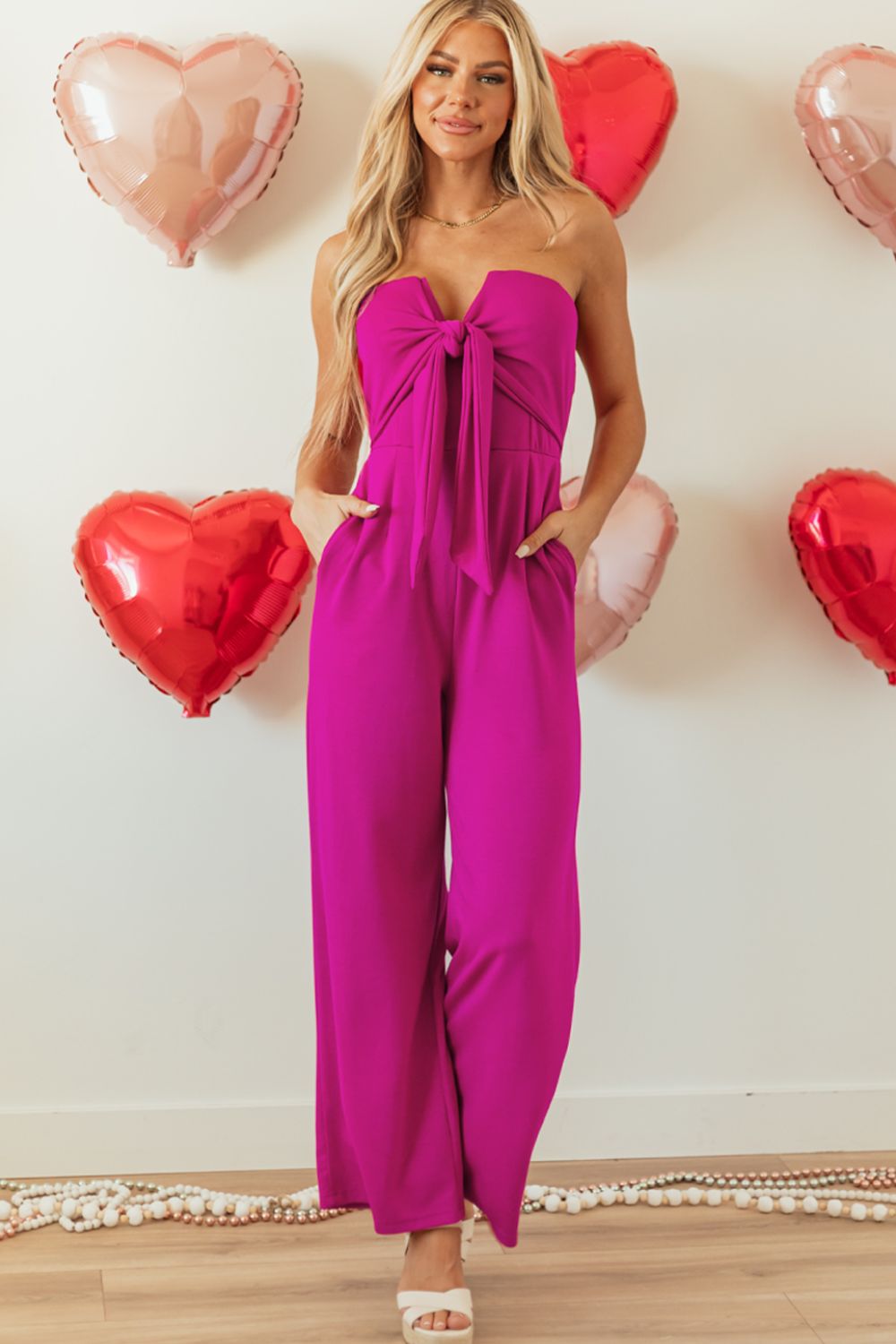 Pink All Over Tied Tube Wide Leg Jumpsuit