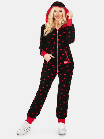 Be Mine Zip Up Hooded Jumpsuit