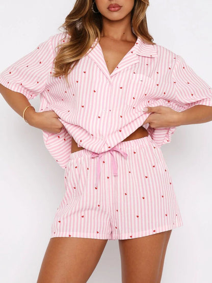 Hearts All Over Printed Collared Neck Short Sleeve Top and Shorts Set