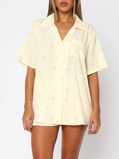 Hearts All Over Printed Collared Neck Short Sleeve Top and Shorts Set