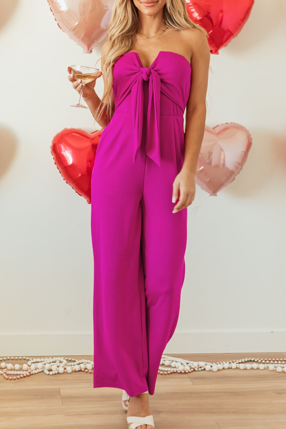 Pink All Over Tied Tube Wide Leg Jumpsuit