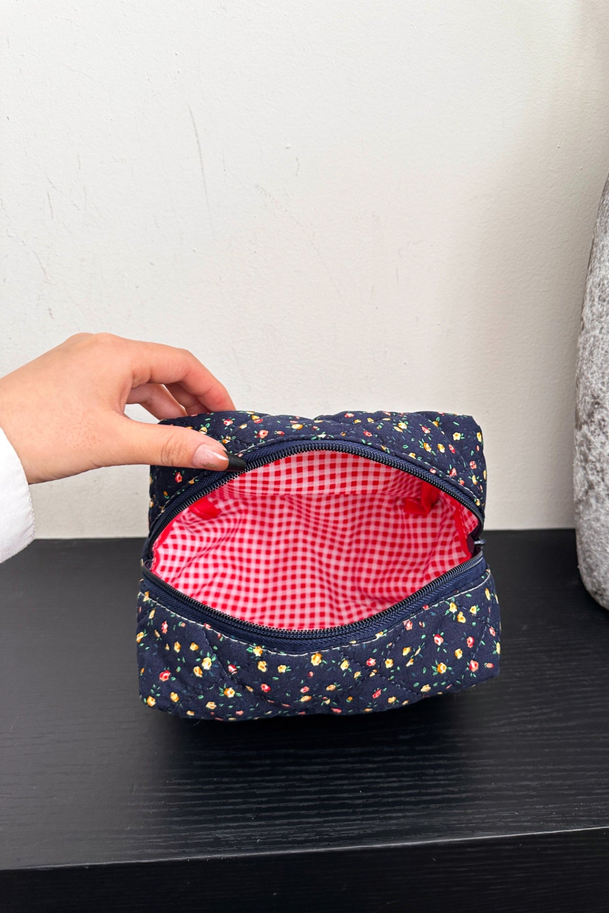 Floral Quilted Clutch Make Up Bag with Plaid Lining