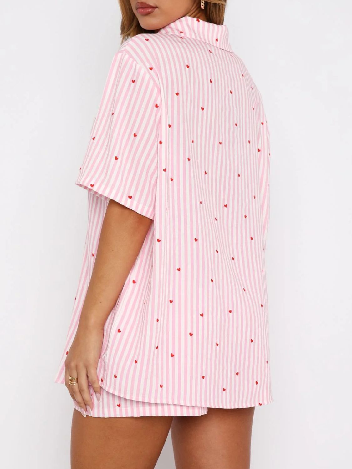 Hearts All Over Printed Collared Neck Short Sleeve Top and Shorts Set