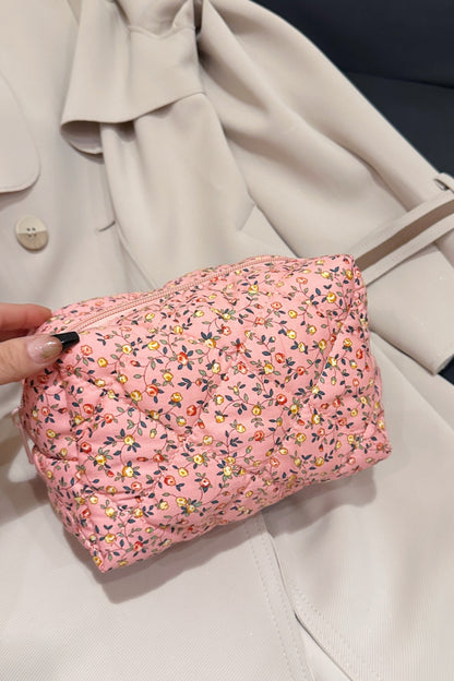 Floral Quilted Clutch Make Up Bag with Plaid Lining