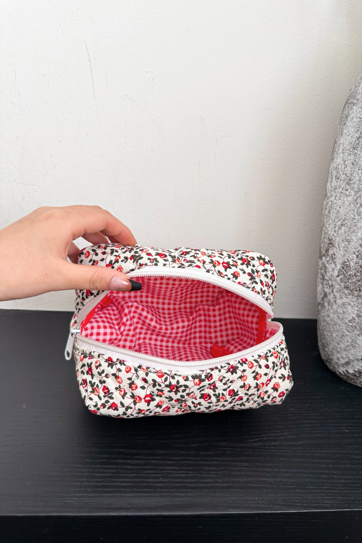 Floral Quilted Clutch Make Up Bag with Plaid Lining