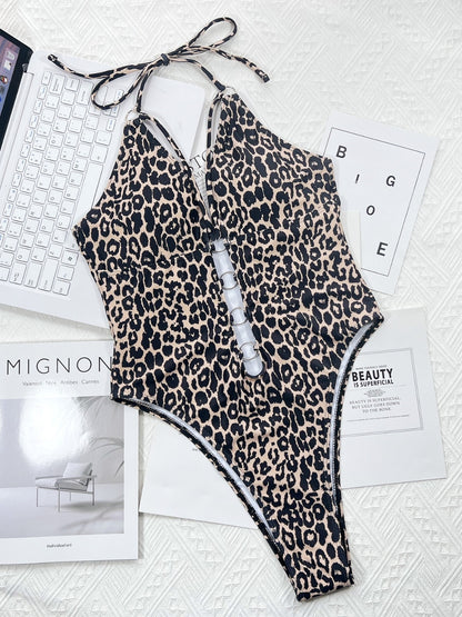 Hot Mommi Leopard Cutout Halter One-Piece Swimsuit