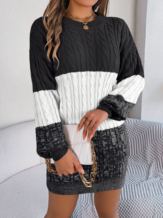 Applied Pressure Cable-Knit Color Block Sweater Dress