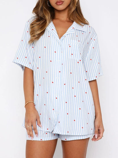 Hearts All Over Printed Collared Neck Short Sleeve Top and Shorts Set