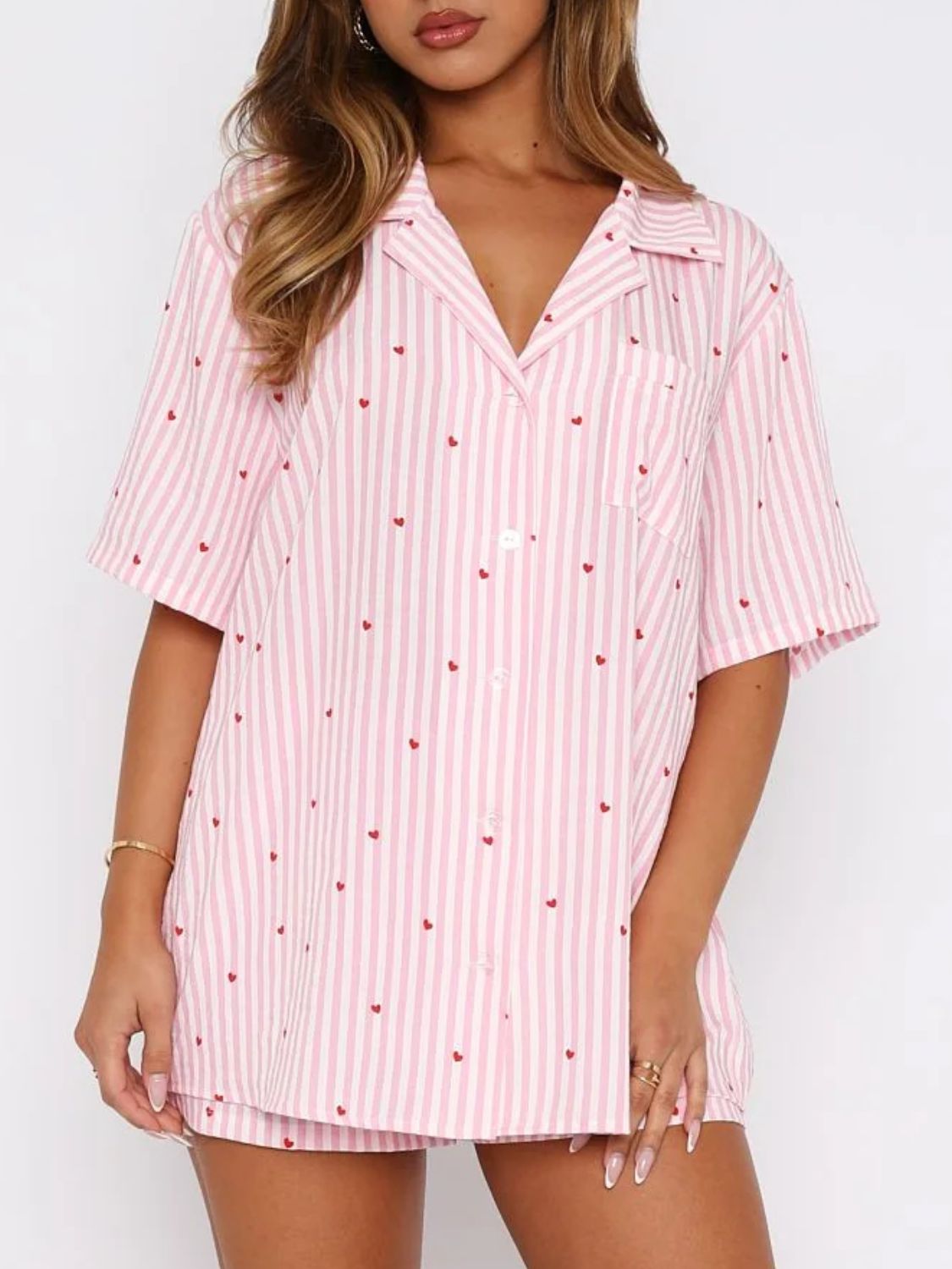 Hearts All Over Printed Collared Neck Short Sleeve Top and Shorts Set