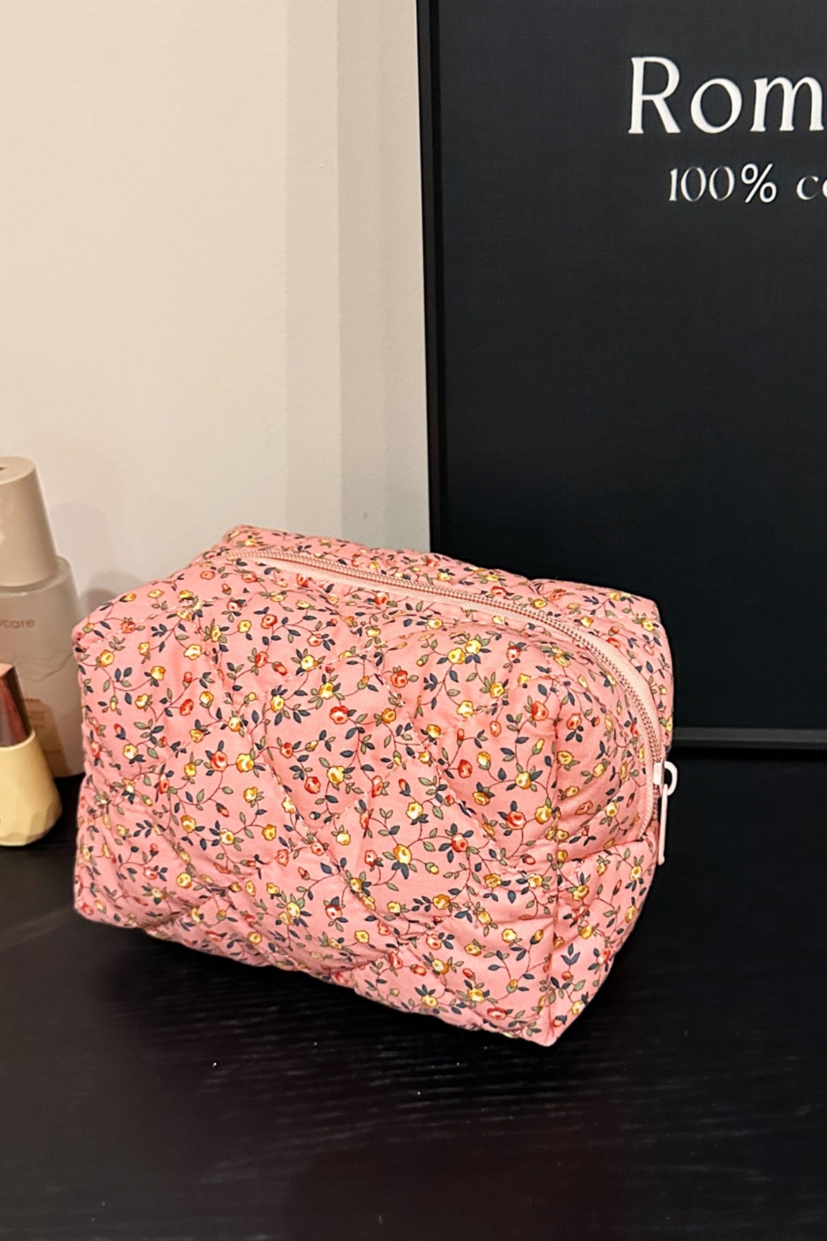 Floral Quilted Clutch Make Up Bag with Plaid Lining