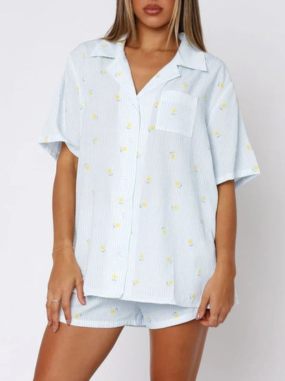 Hearts All Over Printed Collared Neck Short Sleeve Top and Shorts Set