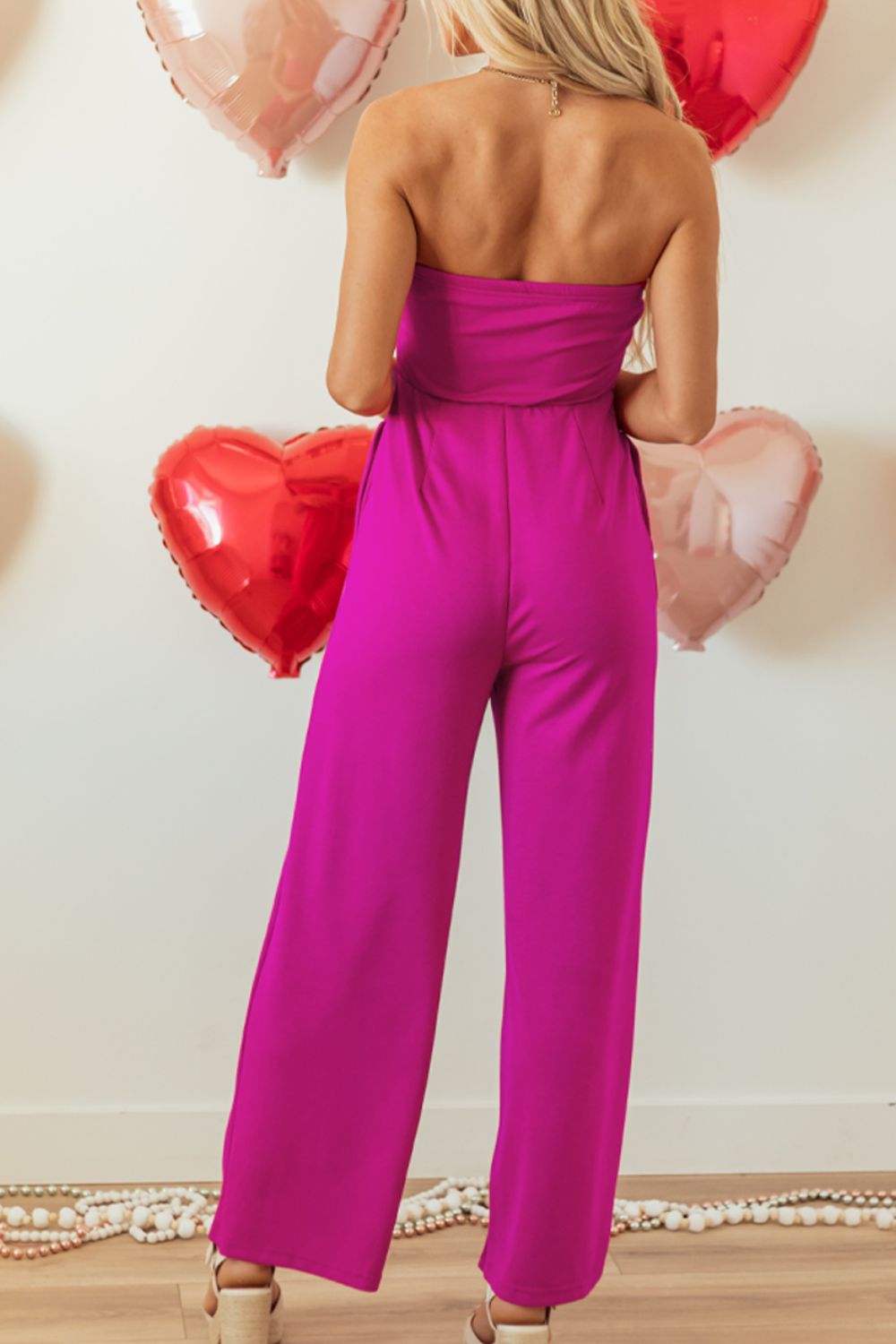 Pink All Over Tied Tube Wide Leg Jumpsuit